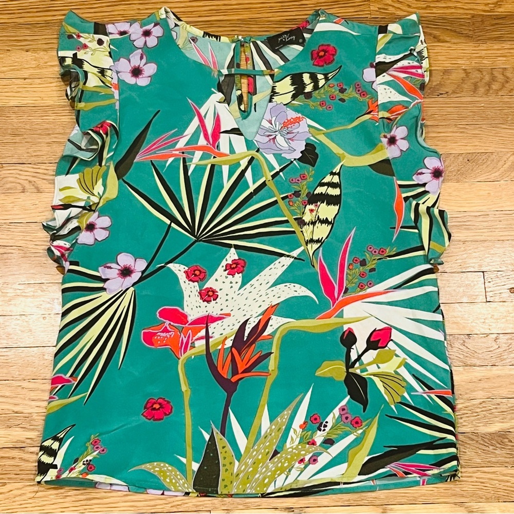 Milk & Honey Tropical Floral Ruffle Sleeve Top Bright Green V-Neck | Size: XS